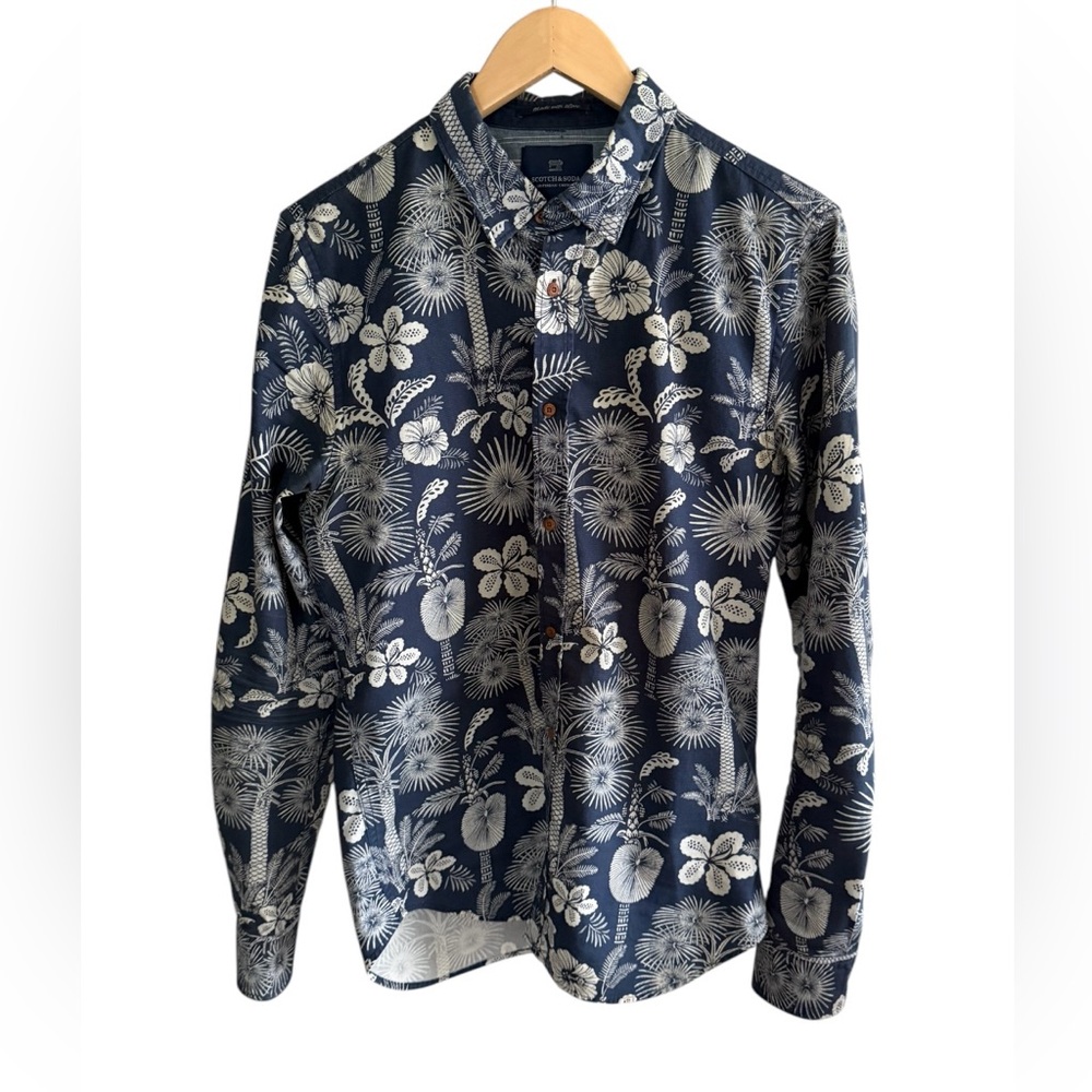 Scotch & Soda Men’s Graphic Blue Hawaiian Button Down Shirt Formal Floral AOP, M